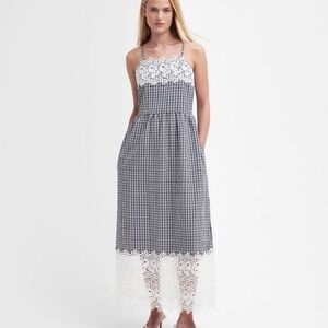 Barbour Glamis Midi Dress Navy Checkered Fabric NWT